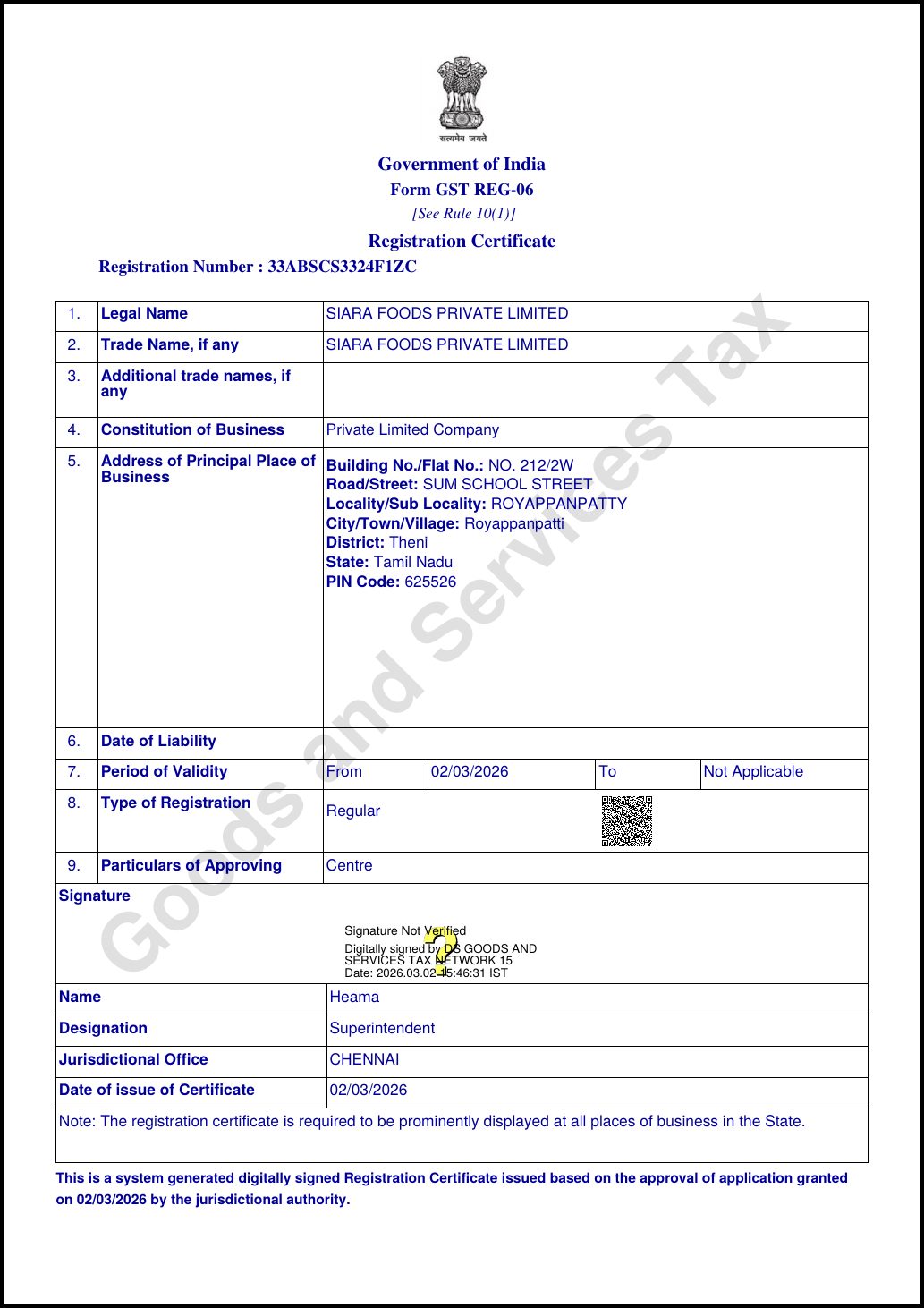GST registration certificate for Siara Foods Private Limited