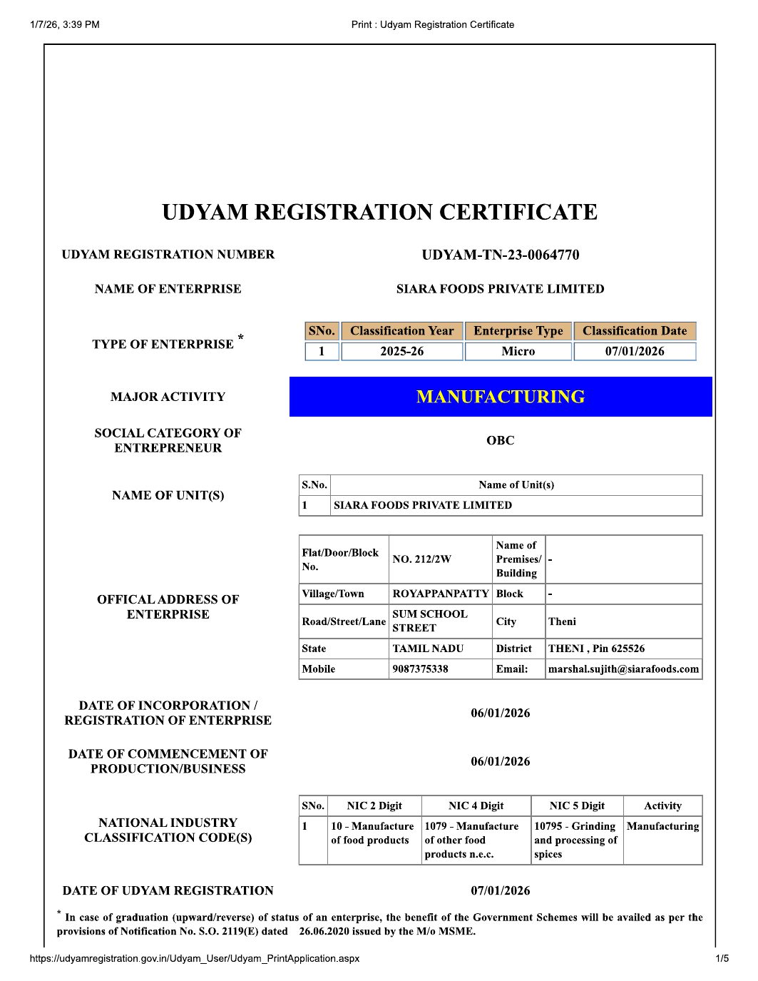 Udyam registration certificate for Siara Foods Private Limited